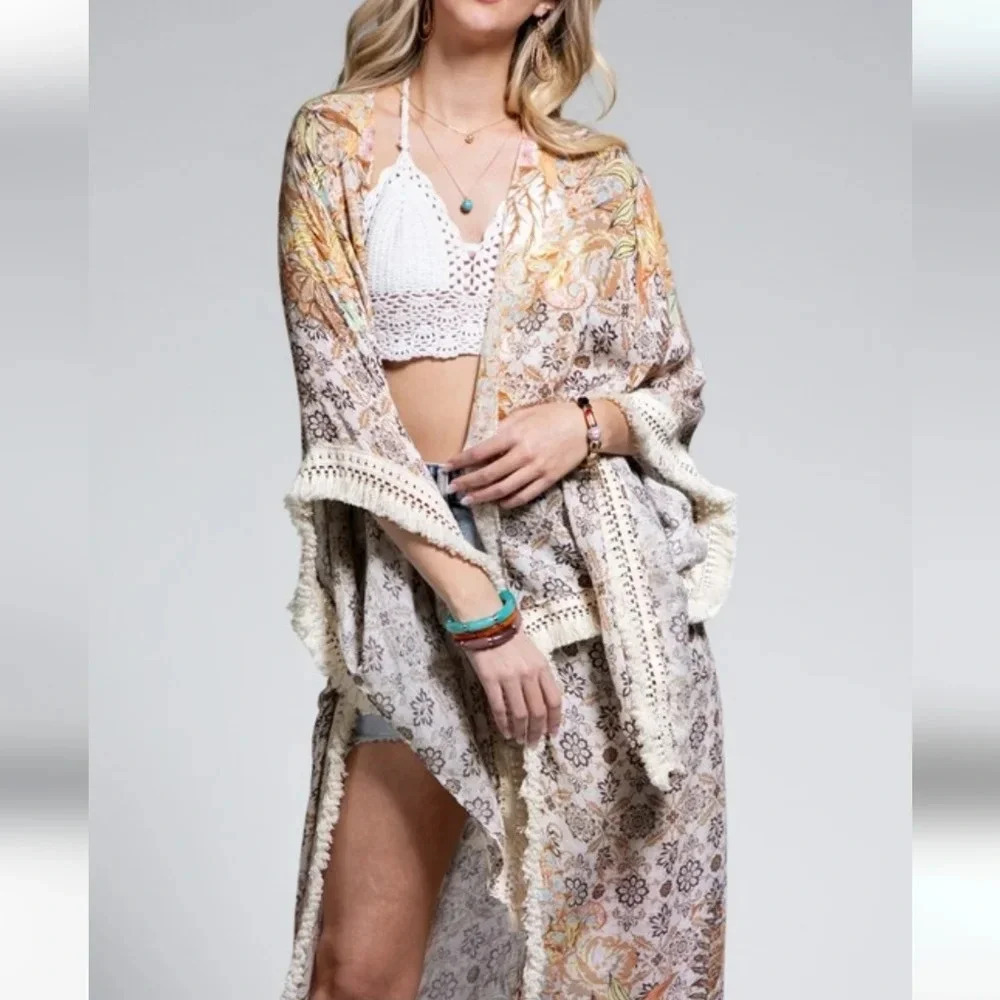 Ruggine Boho Floral Crochet Fringe Trim Duster Kimono New
